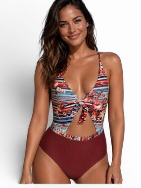 BCA Rebecca Virtue Keyhole Cut Out 2 Tone Strappy Swimsuit Terracota Sz S NEW